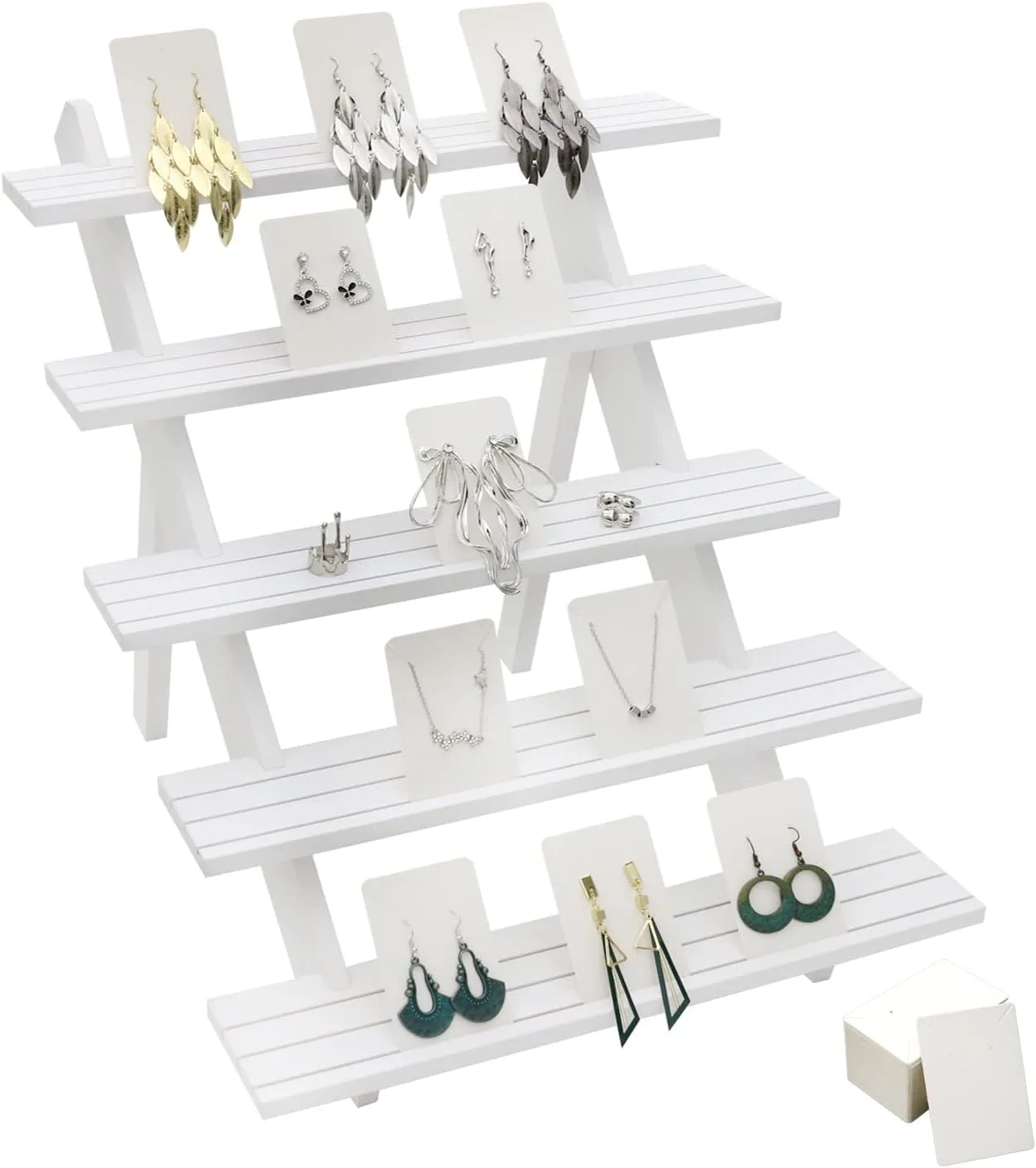 101pcs 5-Tier Wood Earring Display Stand, Retail Display Riser Earring, Ring Holder Stand, Removable Countertop Small Merchandise Display Stand with 100 Pcs Earring Card (White)