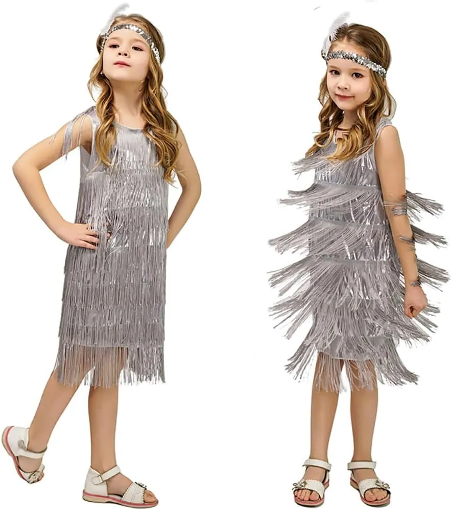 20s Flapper Dresses for Girls Gatsby Tassel Fringe Dress with Feather Headband Kids 1920s Flapper Costume