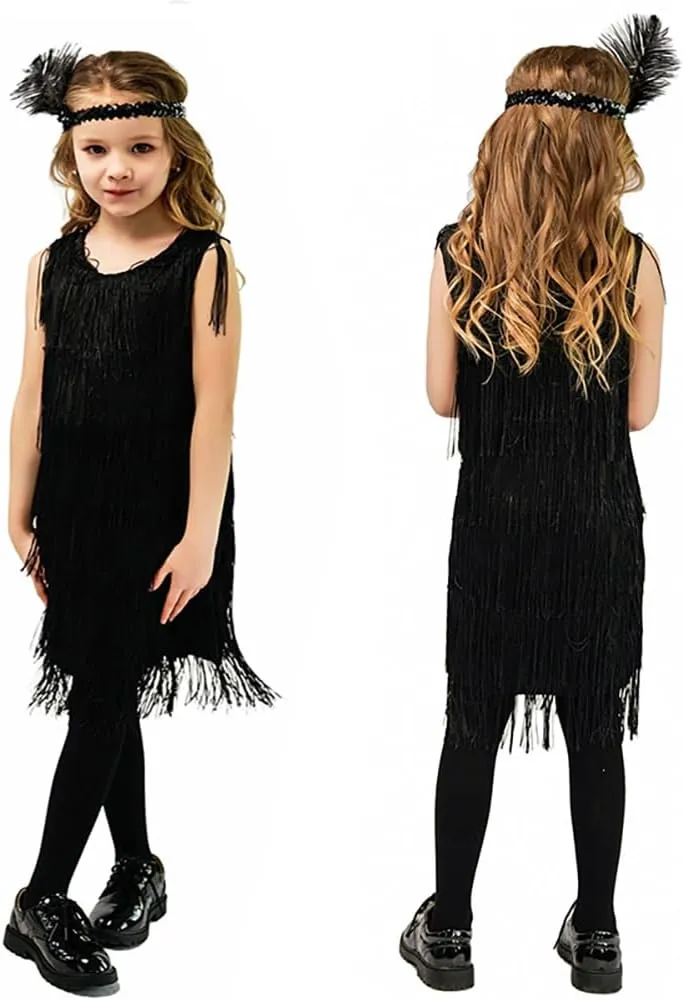 20s Flapper Dresses for Girls Gatsby Tassel Fringe Dress with Feather Headband Kids 1920s Flapper Costume