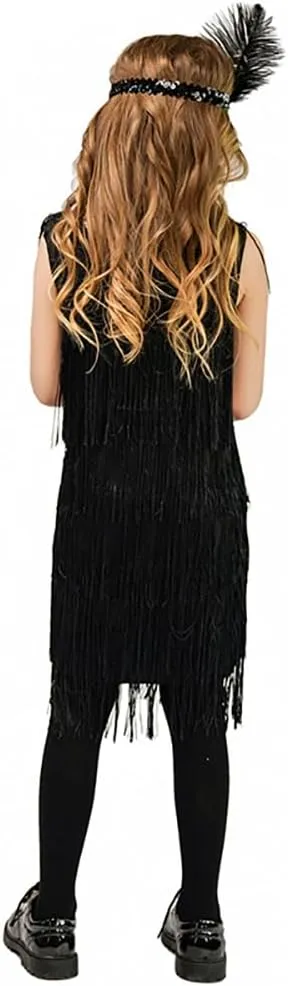 20s Flapper Dresses for Girls Gatsby Tassel Fringe Dress with Feather Headband Kids 1920s Flapper Costume