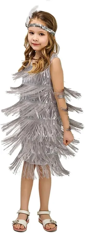 20s Flapper Dresses for Girls Gatsby Tassel Fringe Dress with Feather Headband Kids 1920s Flapper Costume