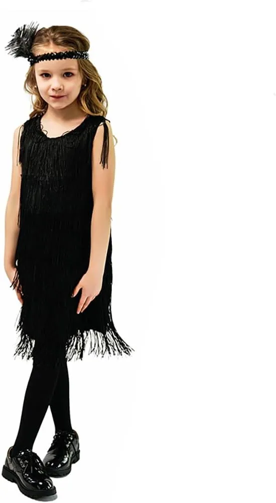 20s Flapper Dresses for Girls Gatsby Tassel Fringe Dress with Feather Headband Kids 1920s Flapper Costume