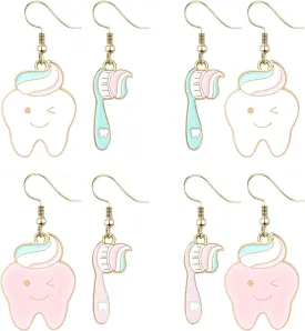 4 Pairs Tooth Earrings Set for Women Creative Alternative Teeth Charm Toothbrush Dangle Earrings Cute Funny Dental Hygienist Dental Dentist Dental Assistant Jewelry Set Gift