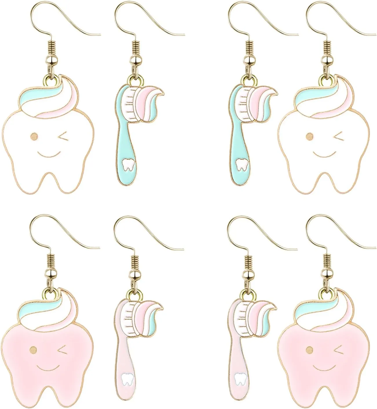 4 Pairs Tooth Earrings Set for Women Creative Alternative Teeth Charm Toothbrush Dangle Earrings Cute Funny Dental Hygienist Dental Dentist Dental Assistant Jewelry Set Gift