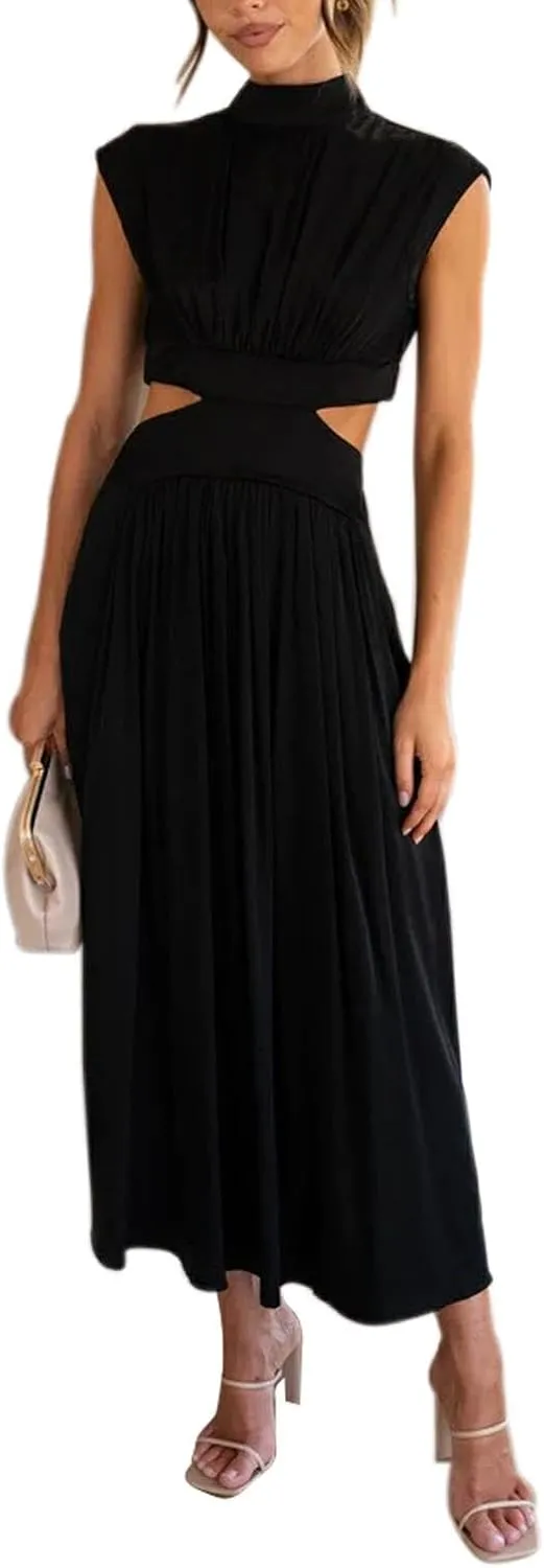 ANKOMINA Women's Sexy Summer Cutout Waist Sleeveless Long Maxi Dress Bodycon Backless Party Club Dresses with Pockets