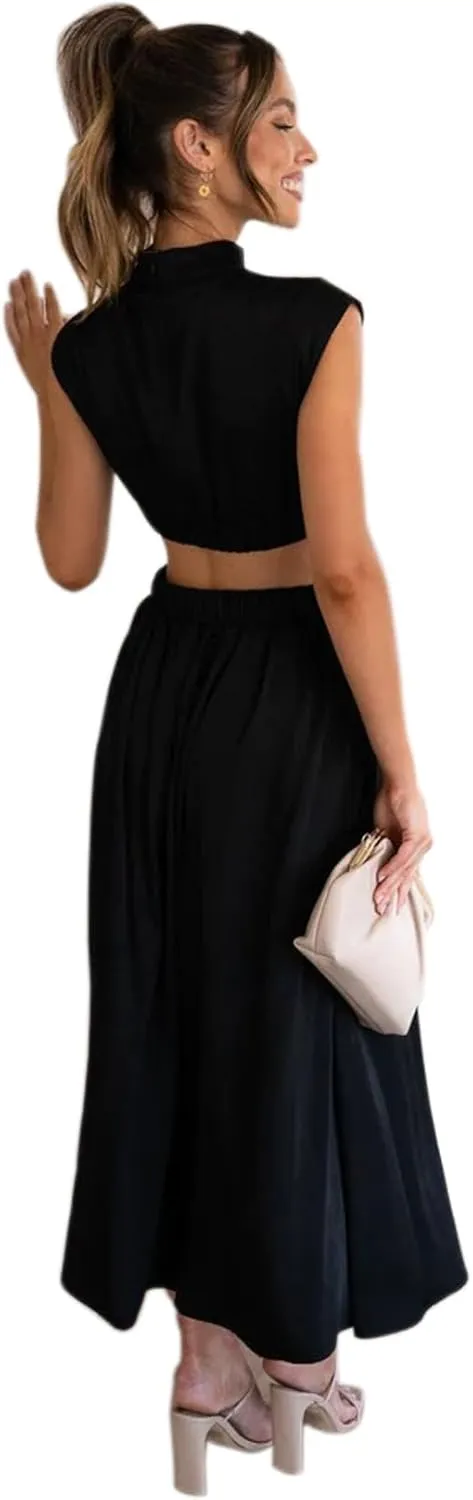 ANKOMINA Women's Sexy Summer Cutout Waist Sleeveless Long Maxi Dress Bodycon Backless Party Club Dresses with Pockets