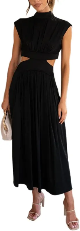 ANKOMINA Women's Sexy Summer Cutout Waist Sleeveless Long Maxi Dress Bodycon Backless Party Club Dresses with Pockets