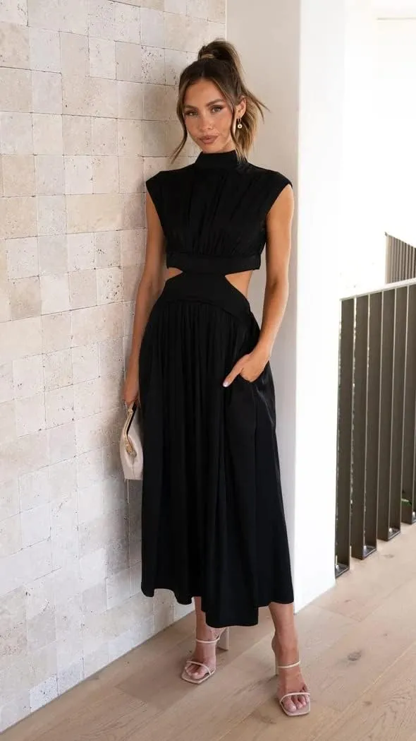 ANKOMINA Women's Sexy Summer Cutout Waist Sleeveless Long Maxi Dress Bodycon Backless Party Club Dresses with Pockets