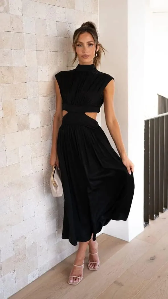 ANKOMINA Women's Sexy Summer Cutout Waist Sleeveless Long Maxi Dress Bodycon Backless Party Club Dresses with Pockets