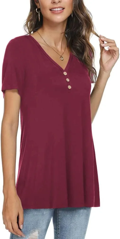 AWULIFFAN Womens Summer Short Sleeve Tunic Tops Loose Fit Casual T-Shirt Button Up Blouses