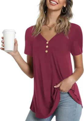 AWULIFFAN Womens Summer Short Sleeve Tunic Tops Loose Fit Casual T-Shirt Button Up Blouses