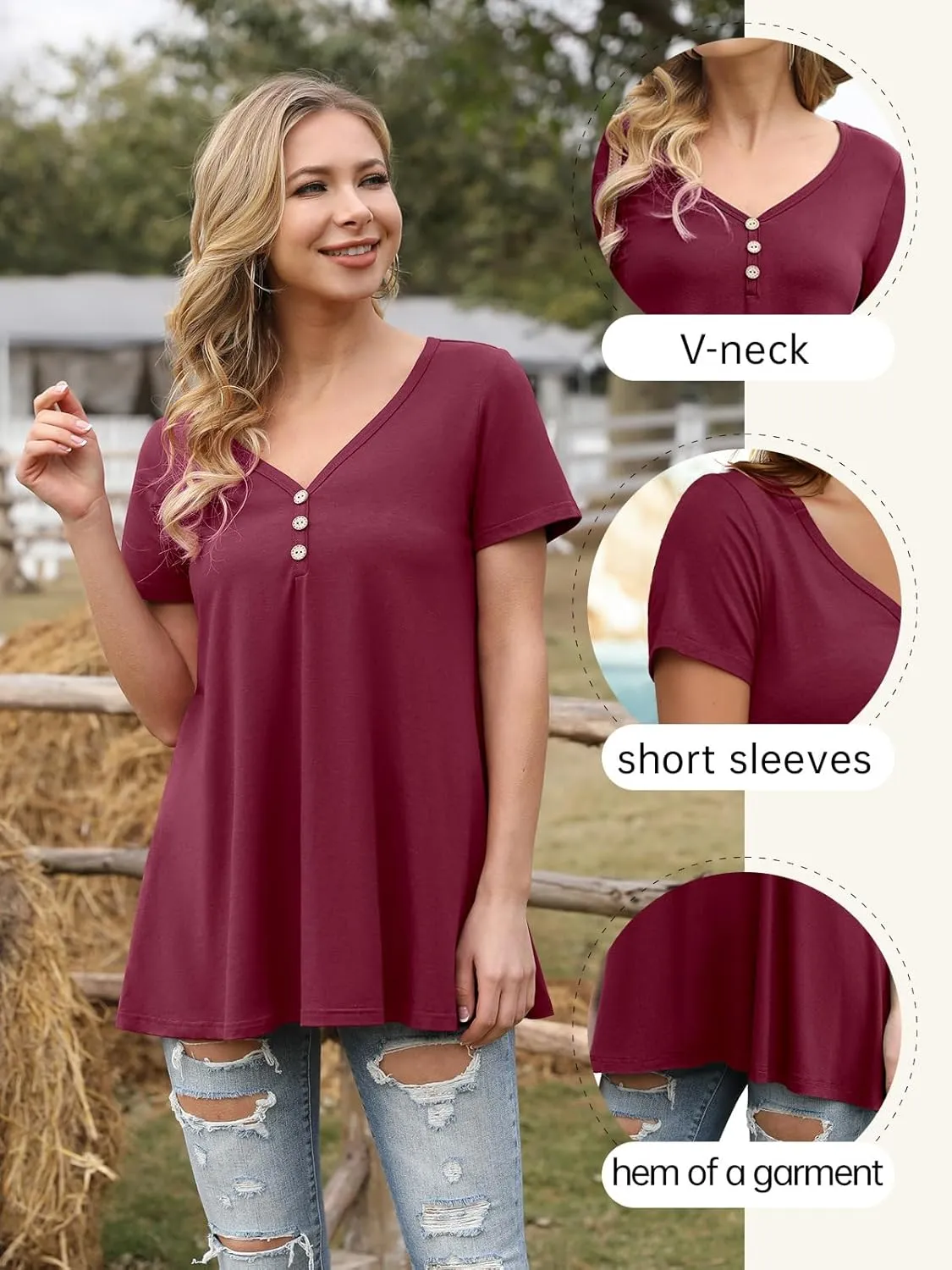 AWULIFFAN Womens Summer Short Sleeve Tunic Tops Loose Fit Casual T-Shirt Button Up Blouses