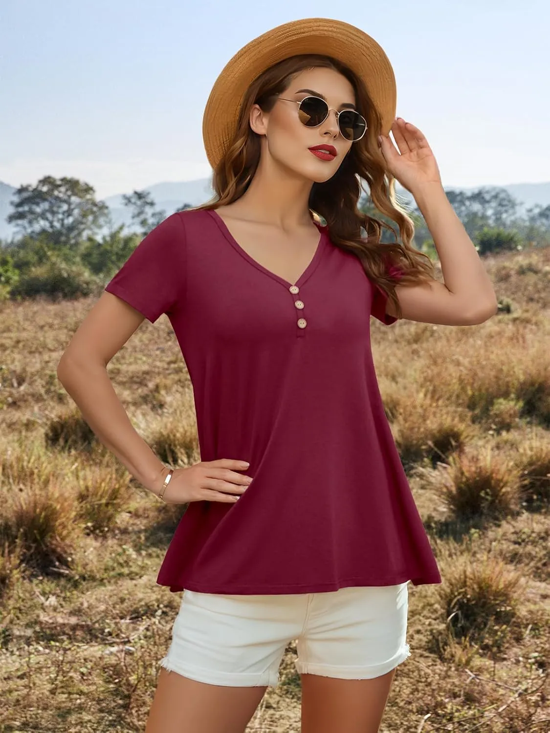 AWULIFFAN Womens Summer Short Sleeve Tunic Tops Loose Fit Casual T-Shirt Button Up Blouses