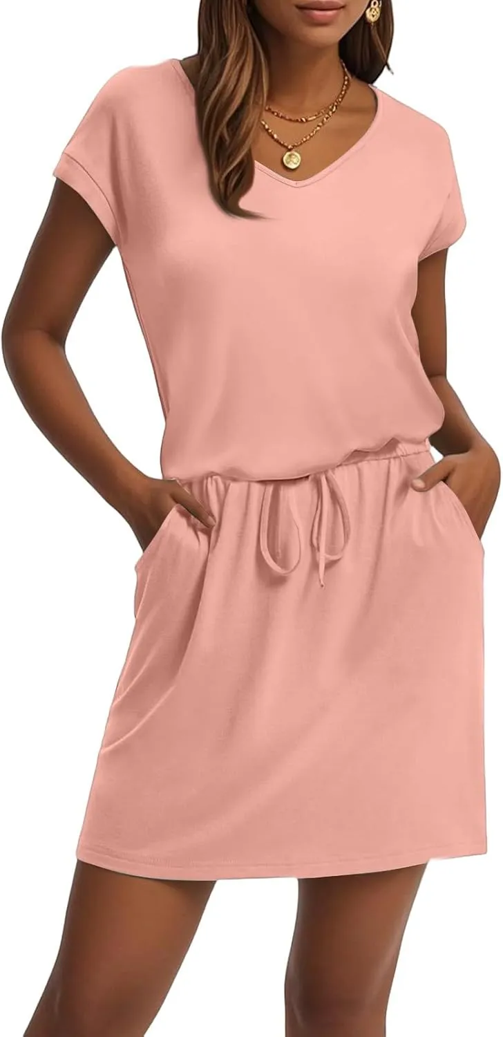 BAXLIMEK Mini Dresses for Women Summer Casual Loose V Neck Short Sleeve T Shirt Dress,Comfy Drawstring Striped Beach Dress
