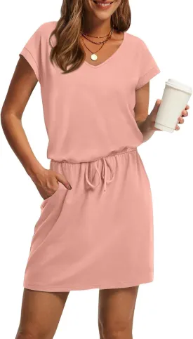 BAXLIMEK Mini Dresses for Women Summer Casual Loose V Neck Short Sleeve T Shirt Dress,Comfy Drawstring Striped Beach Dress