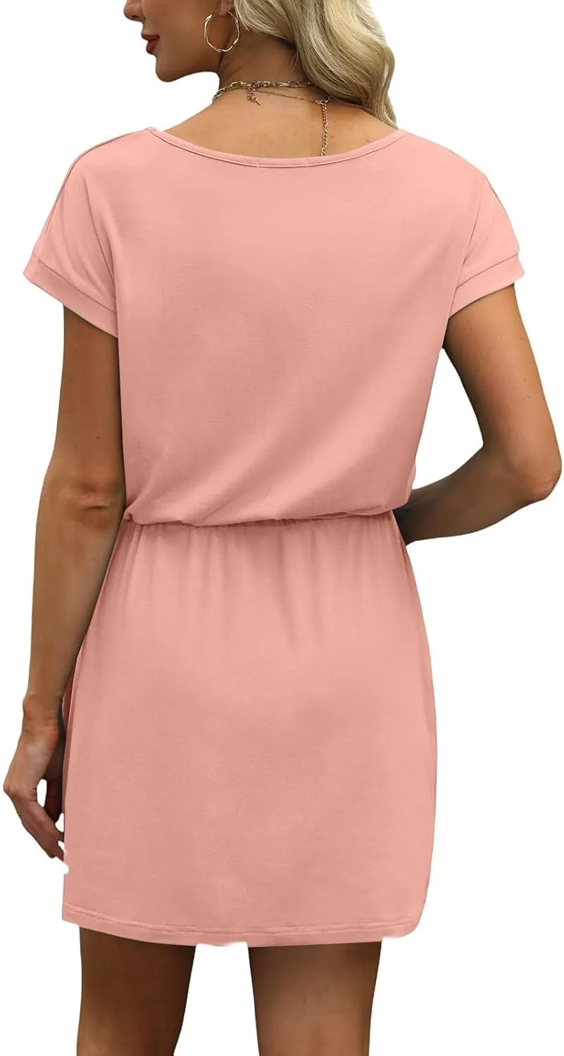 BAXLIMEK Mini Dresses for Women Summer Casual Loose V Neck Short Sleeve T Shirt Dress,Comfy Drawstring Striped Beach Dress