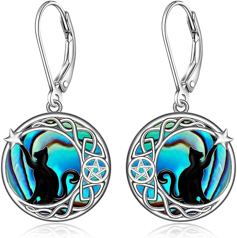 Black Cat Earrings for Women Dangle Sterling Silver Abalone Kitty Cat Moon Earrings Dangling Leverback Cute Kitten Jewelry Valentines Christmas Gifts