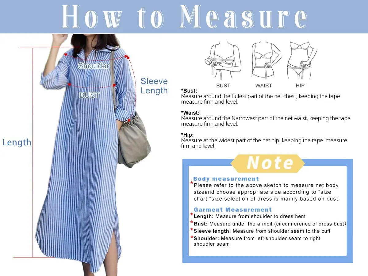 chouyatou Women Casual Long Sleeve V Neck Striped Shift Dress Loose Long Maxi Cotton Shirt Dress with Pocket