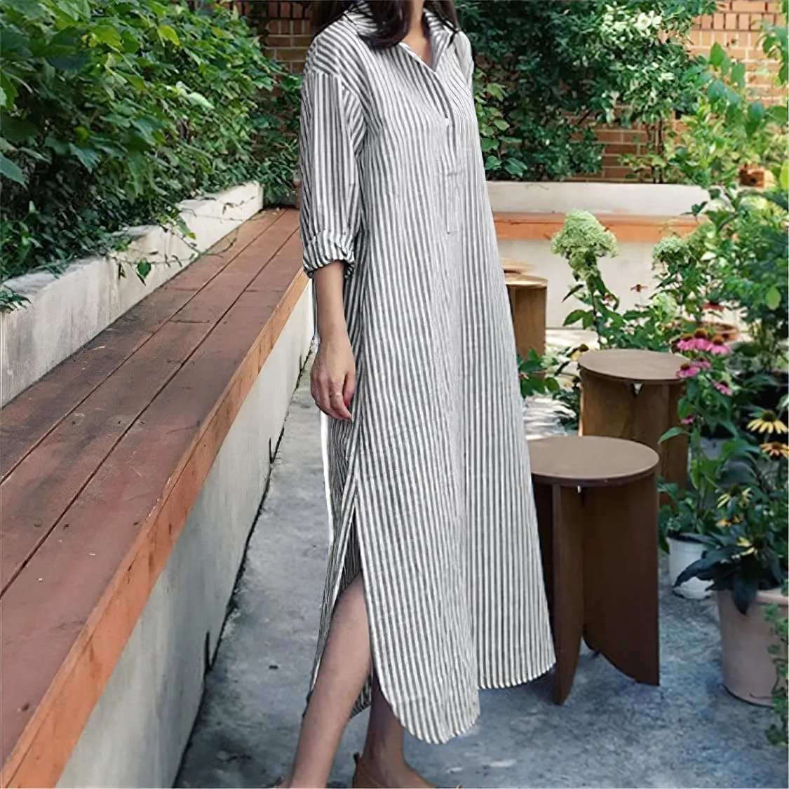 chouyatou Women Casual Long Sleeve V Neck Striped Shift Dress Loose Long Maxi Cotton Shirt Dress with Pocket