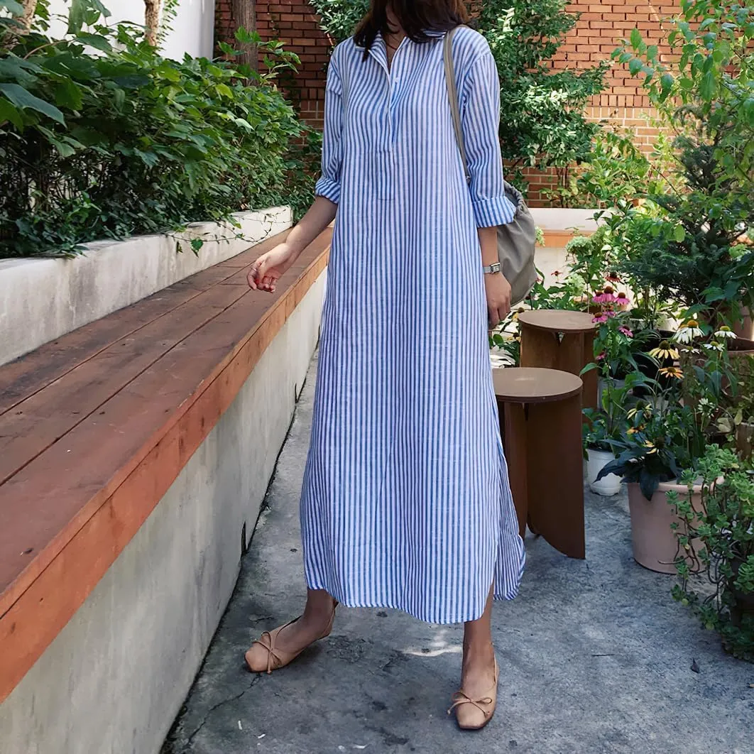 chouyatou Women Casual Long Sleeve V Neck Striped Shift Dress Loose Long Maxi Cotton Shirt Dress with Pocket
