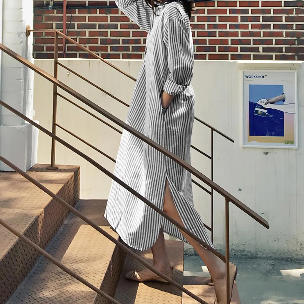 chouyatou Women Casual Long Sleeve V Neck Striped Shift Dress Loose Long Maxi Cotton Shirt Dress with Pocket