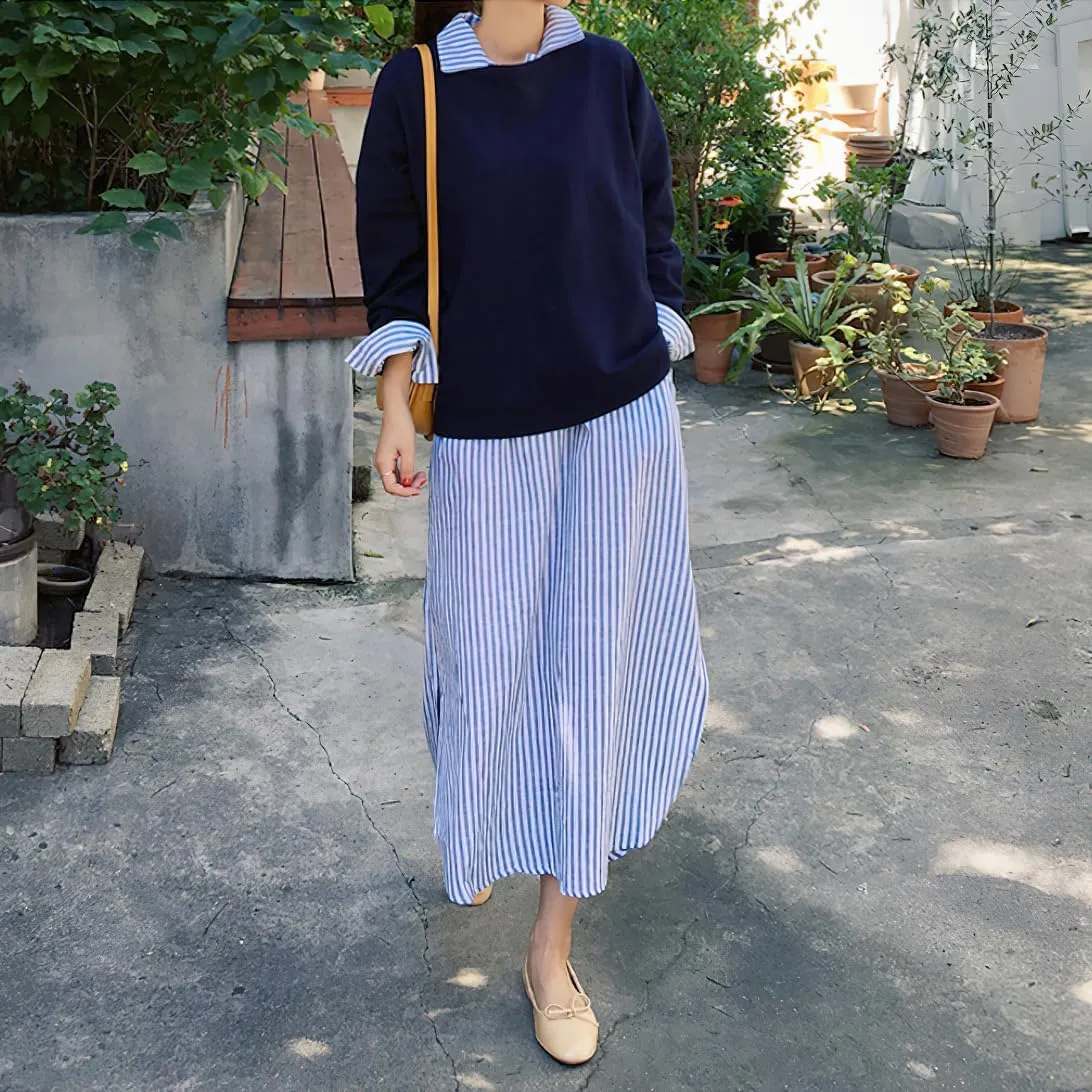 chouyatou Women Casual Long Sleeve V Neck Striped Shift Dress Loose Long Maxi Cotton Shirt Dress with Pocket