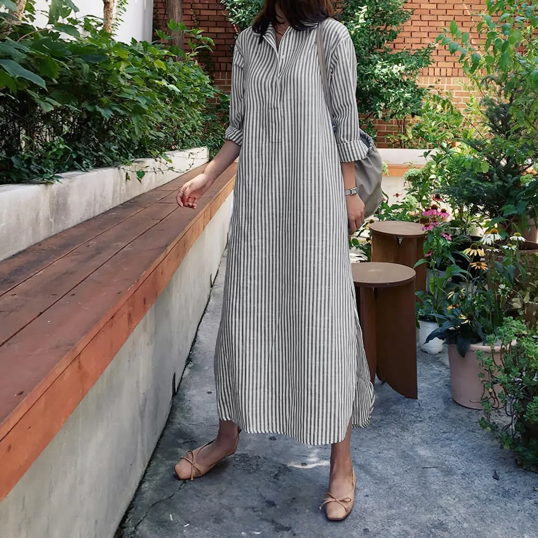 chouyatou Women Casual Long Sleeve V Neck Striped Shift Dress Loose Long Maxi Cotton Shirt Dress with Pocket
