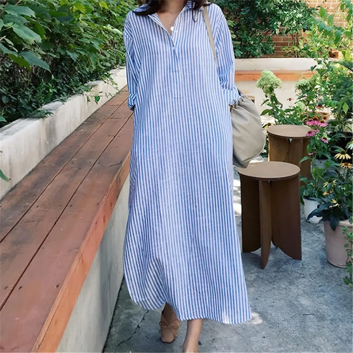chouyatou Women Casual Long Sleeve V Neck Striped Shift Dress Loose Long Maxi Cotton Shirt Dress with Pocket