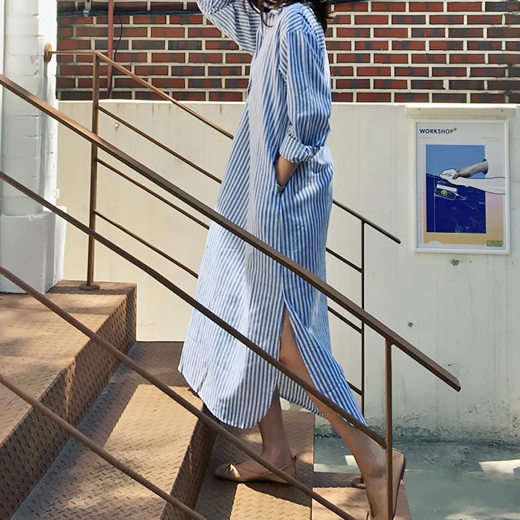 chouyatou Women Casual Long Sleeve V Neck Striped Shift Dress Loose Long Maxi Cotton Shirt Dress with Pocket