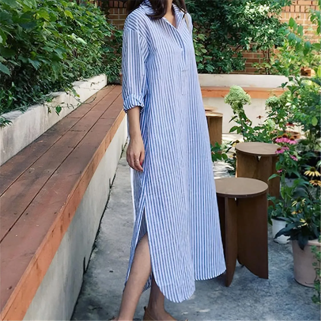 chouyatou Women Casual Long Sleeve V Neck Striped Shift Dress Loose Long Maxi Cotton Shirt Dress with Pocket