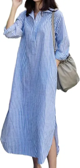 chouyatou Women Casual Long Sleeve V Neck Striped Shift Dress Loose Long Maxi Cotton Shirt Dress with Pocket