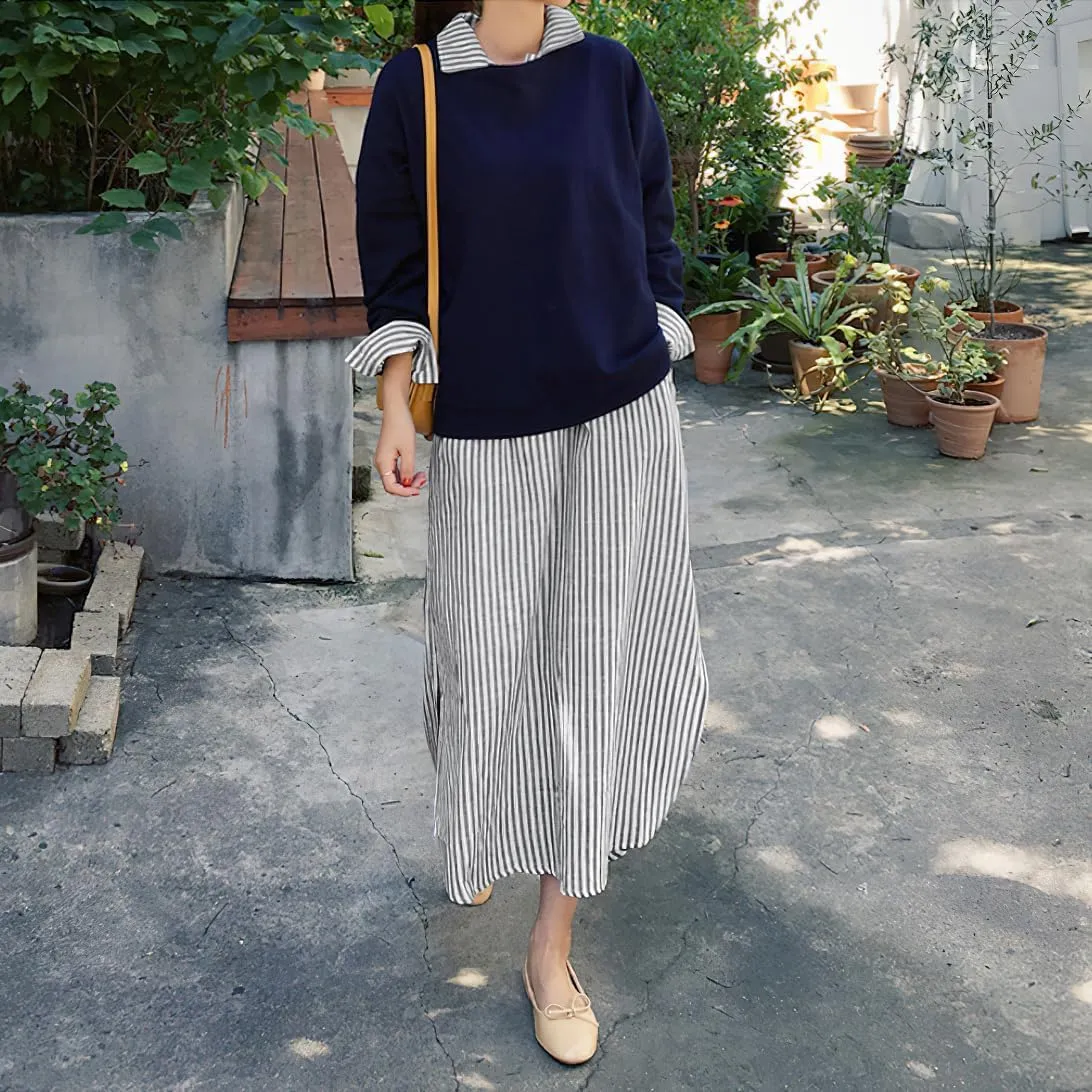 chouyatou Women Casual Long Sleeve V Neck Striped Shift Dress Loose Long Maxi Cotton Shirt Dress with Pocket