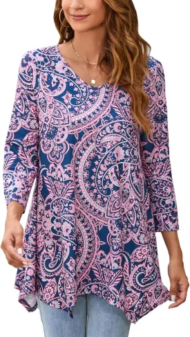 ENMAIN Tunic Tops for Women 3/4 Sleeve Plus Size Women's Tunics Loose Fit Floral Swing Flare Ladies Blouse for Leggings