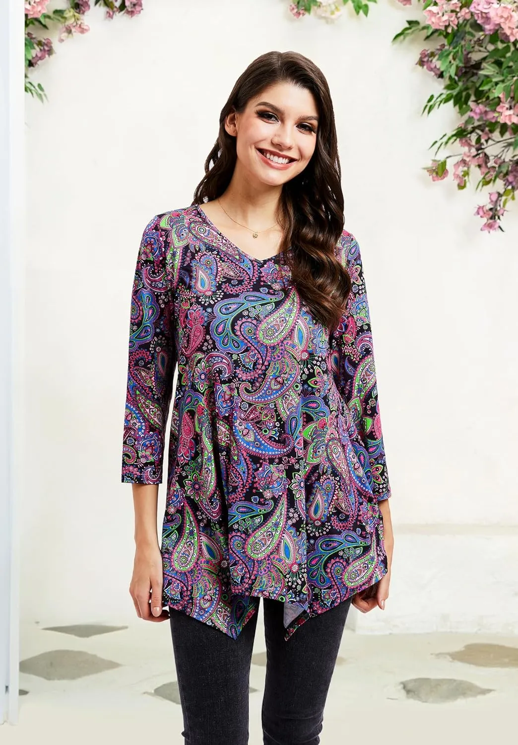 ENMAIN Tunic Tops for Women 3/4 Sleeve Plus Size Women's Tunics Loose Fit Floral Swing Flare Ladies Blouse for Leggings