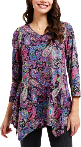ENMAIN Tunic Tops for Women 3/4 Sleeve Plus Size Women's Tunics Loose Fit Floral Swing Flare Ladies Blouse for Leggings