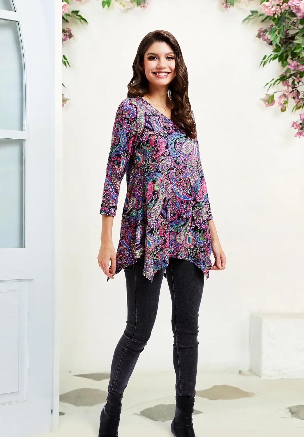 ENMAIN Tunic Tops for Women 3/4 Sleeve Plus Size Women's Tunics Loose Fit Floral Swing Flare Ladies Blouse for Leggings