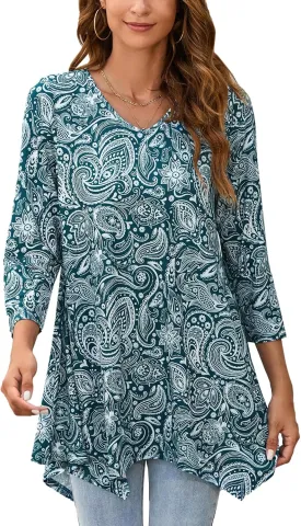 ENMAIN Tunic Tops for Women 3/4 Sleeve Plus Size Women's Tunics Loose Fit Floral Swing Flare Ladies Blouse for Leggings