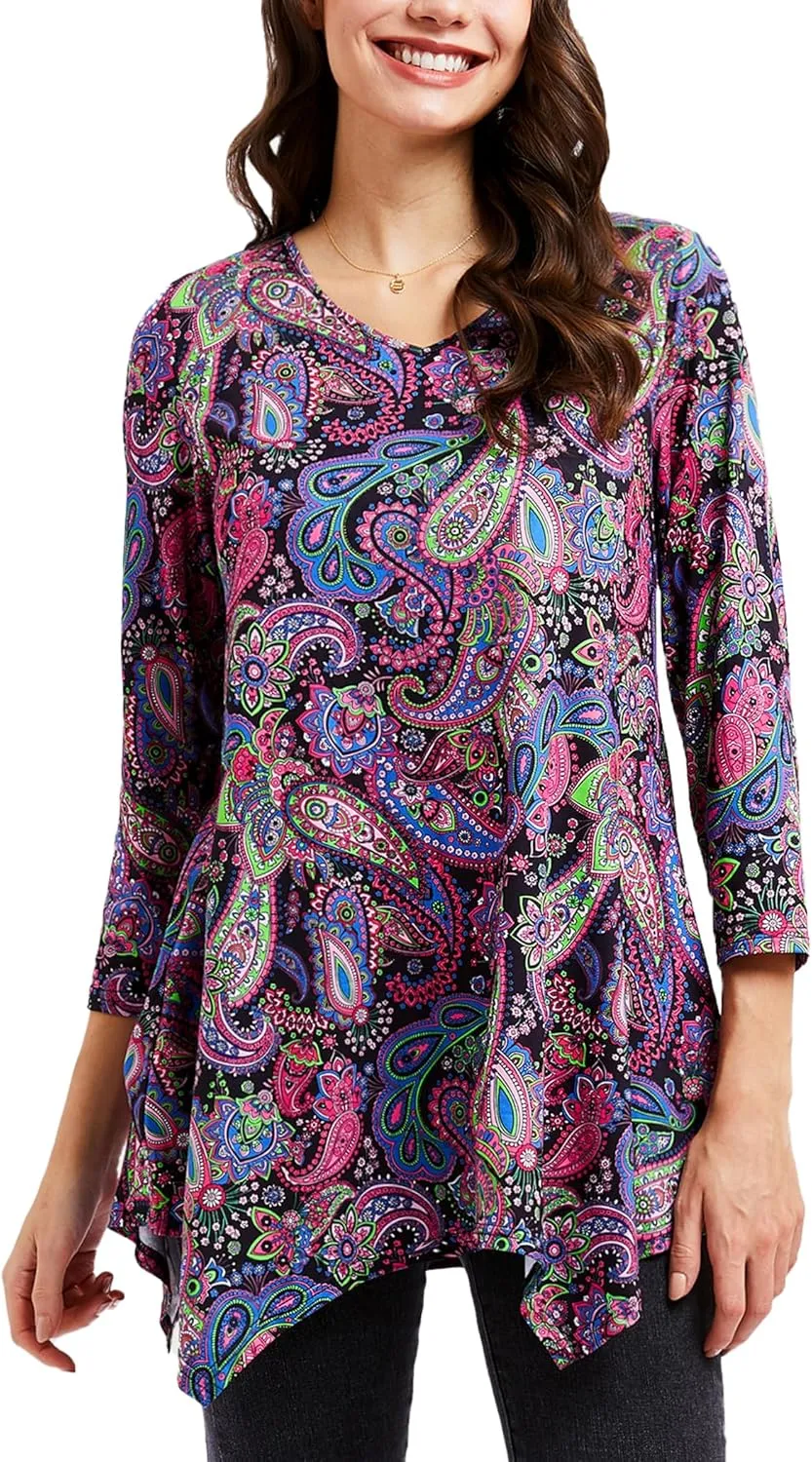 ENMAIN Tunic Tops for Women 3/4 Sleeve Plus Size Women's Tunics Loose Fit Floral Swing Flare Ladies Blouse for Leggings