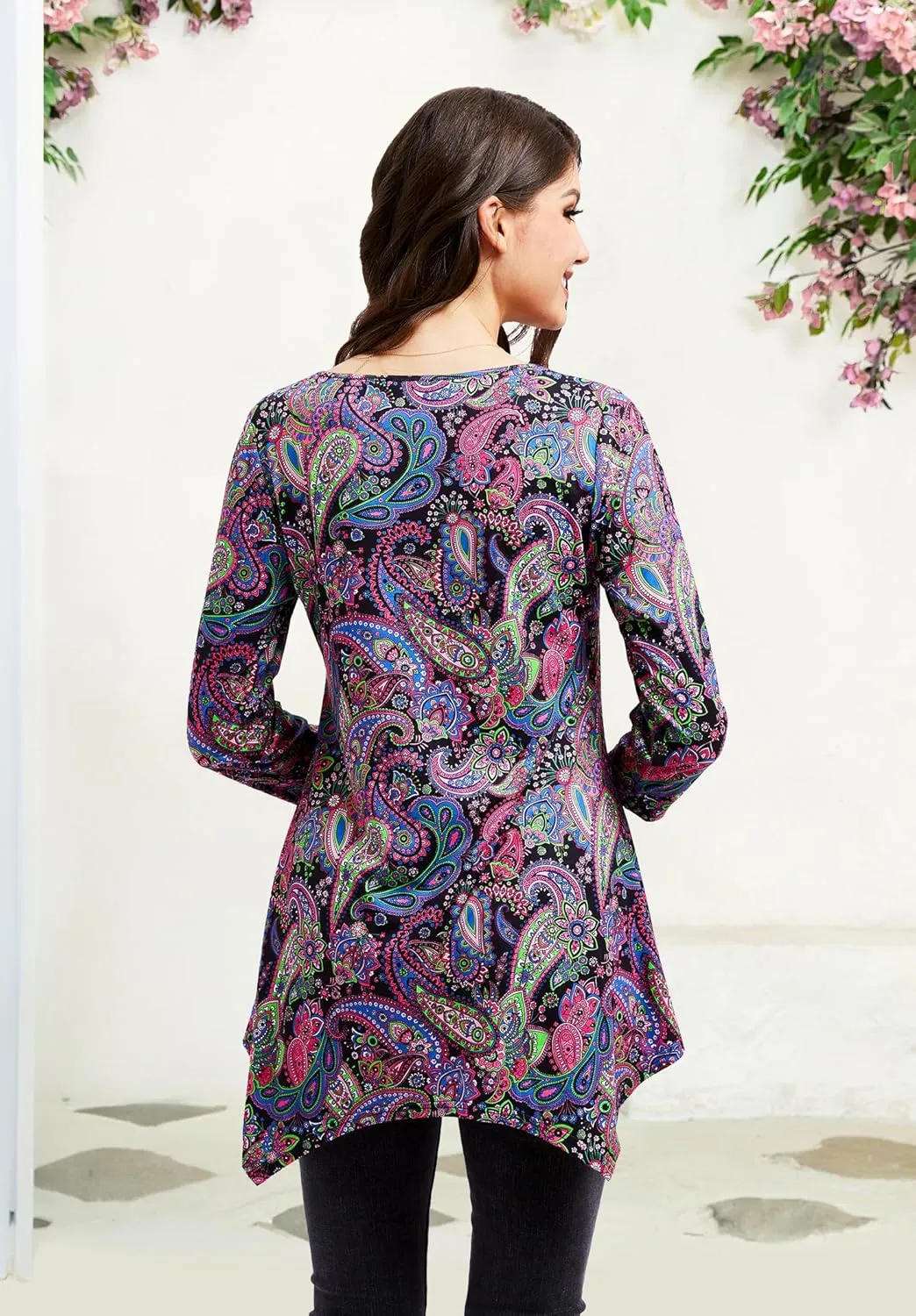 ENMAIN Tunic Tops for Women 3/4 Sleeve Plus Size Women's Tunics Loose Fit Floral Swing Flare Ladies Blouse for Leggings