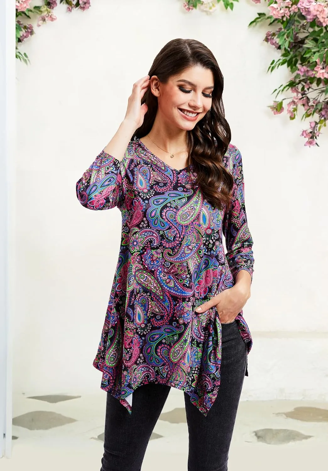 ENMAIN Tunic Tops for Women 3/4 Sleeve Plus Size Women's Tunics Loose Fit Floral Swing Flare Ladies Blouse for Leggings
