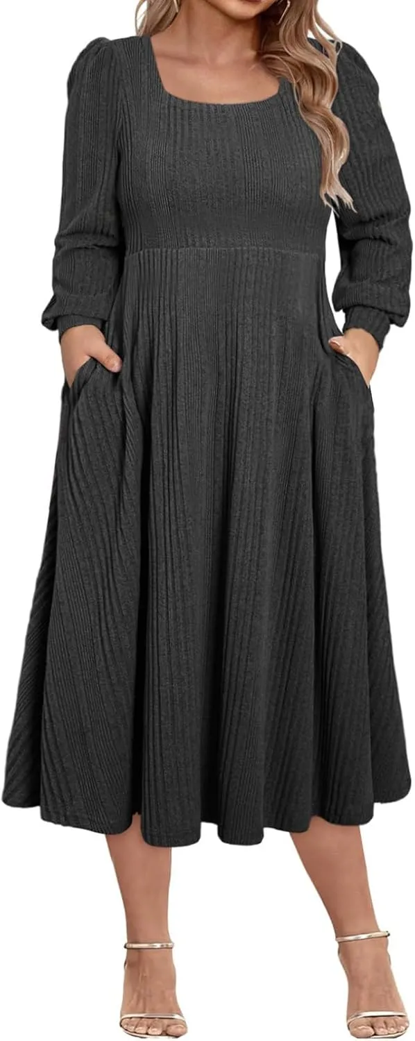 Eytino Womens Plus Size Dress Square Neck Long Sleeve Midi Sweater Dresses with Pockets(1X-5X)