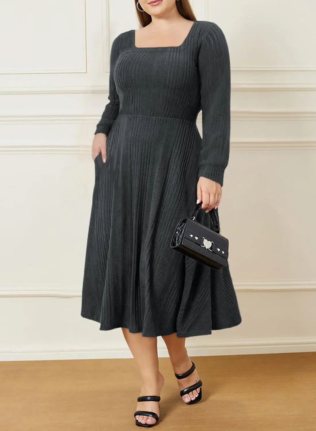 Eytino Womens Plus Size Dress Square Neck Long Sleeve Midi Sweater Dresses with Pockets(1X-5X)