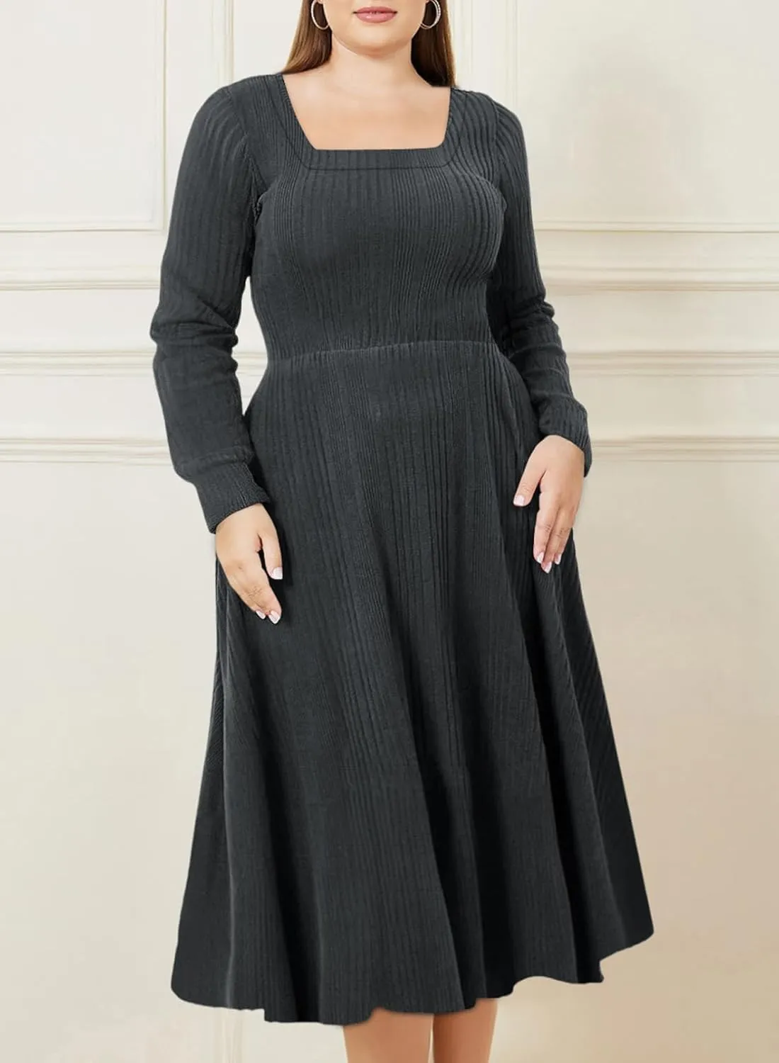 Eytino Womens Plus Size Dress Square Neck Long Sleeve Midi Sweater Dresses with Pockets(1X-5X)