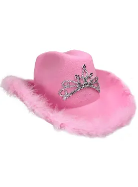 Faux Fur Trim Pink Cowboy Costume Hat With Silver Tiara
