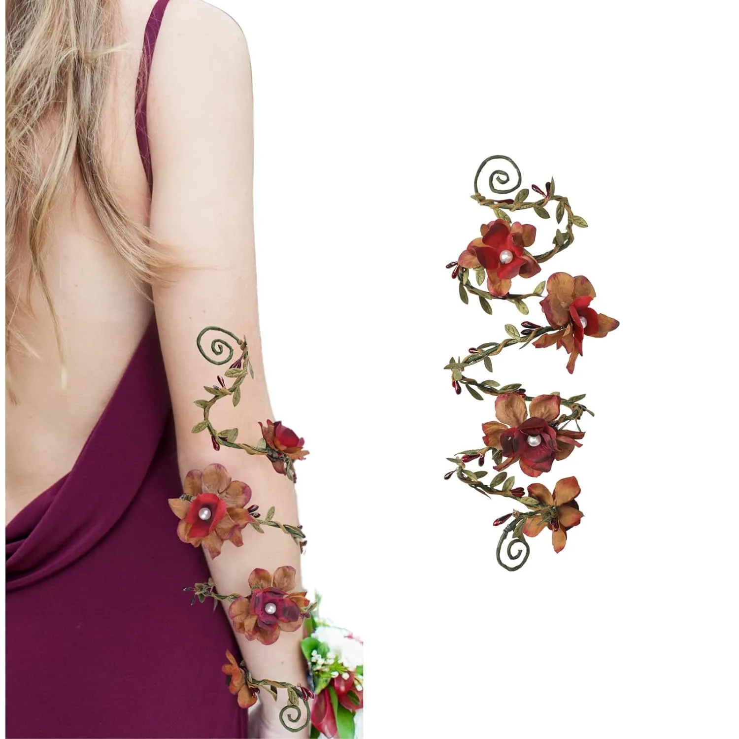 FRESHME Fairy Flower Arm Wrap - 1 PC Renaissance Elven Bracelet Dark Red Flowers Elven Arm Cuff Fantasy Renfaire Cosplay Dress Up Medieval Forest Mother Nature Costume Accessories for Women