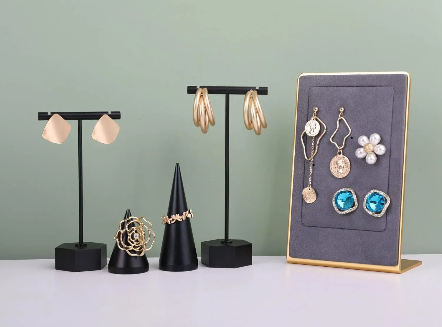 GemeShou Black Metal Earring T Bar Stand, Single Small Earring Hanger Display, Retail Earring Holder for Show, Jewelry Earring Organizer for Online Store PhotographyBlack-Hexagon Base Height 5.3"