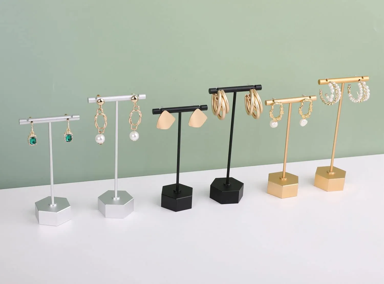 GemeShou Black Metal Earring T Bar Stand, Single Small Earring Hanger Display, Retail Earring Holder for Show, Jewelry Earring Organizer for Online Store PhotographyBlack-Hexagon Base Height 5.3"
