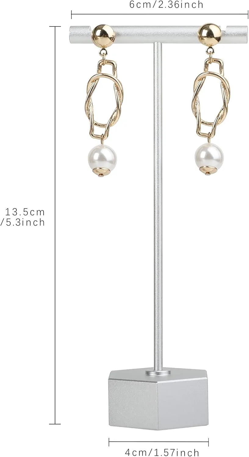 GemeShou Silver Metal Earring T Bar Stand, Single Small Earring Hanger Display, Retail Earring Holder for Show, Jewelry Earring Organizer for Online Store PhotographySilver-Hexagon Base Height 5.3"