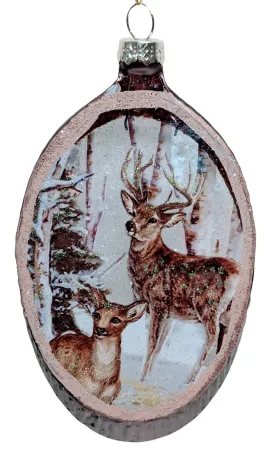 Glass 6" Christmas Painted Woodcut Forest Ornament with Deer