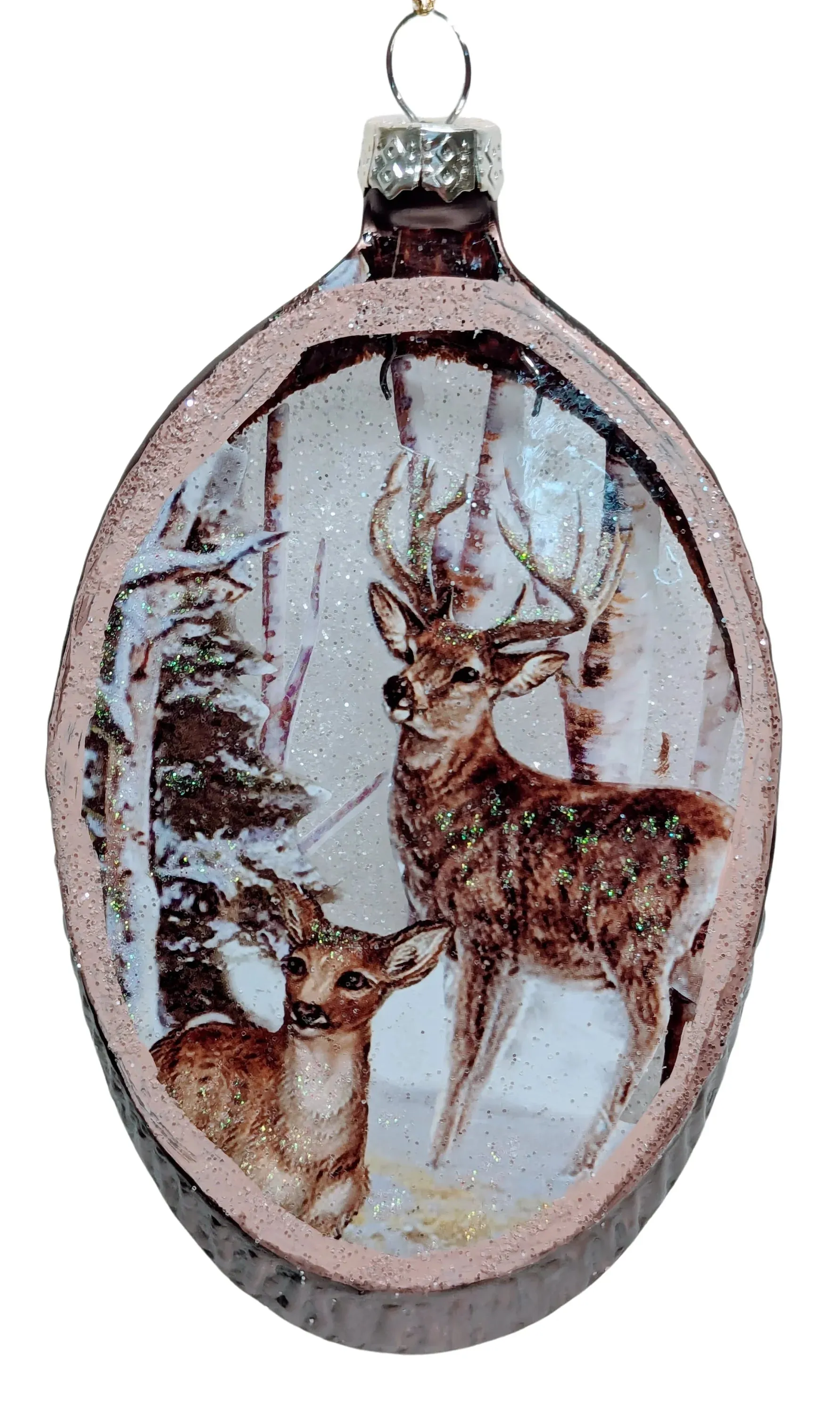 Glass 6" Christmas Painted Woodcut Forest Ornament with Deer